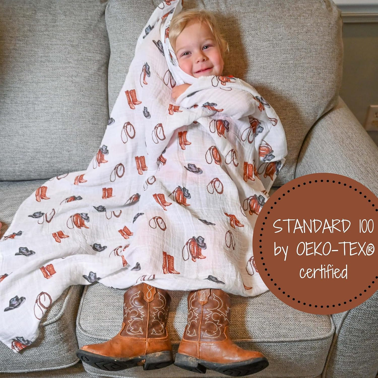 LollyBanks Muslin Swaddle Blanket - Cowboy Boot - Kid's Stuff Superstore