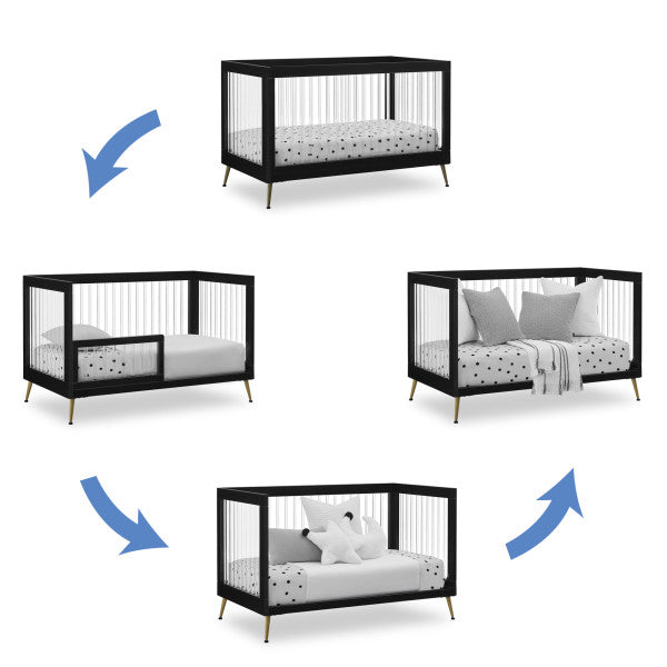 Sloane Convertible Acrylic Crib with Toddler Rail and 4 Drawer Dresser with Changing Tray - Black with Melted Base - Kid's Stuff Superstore