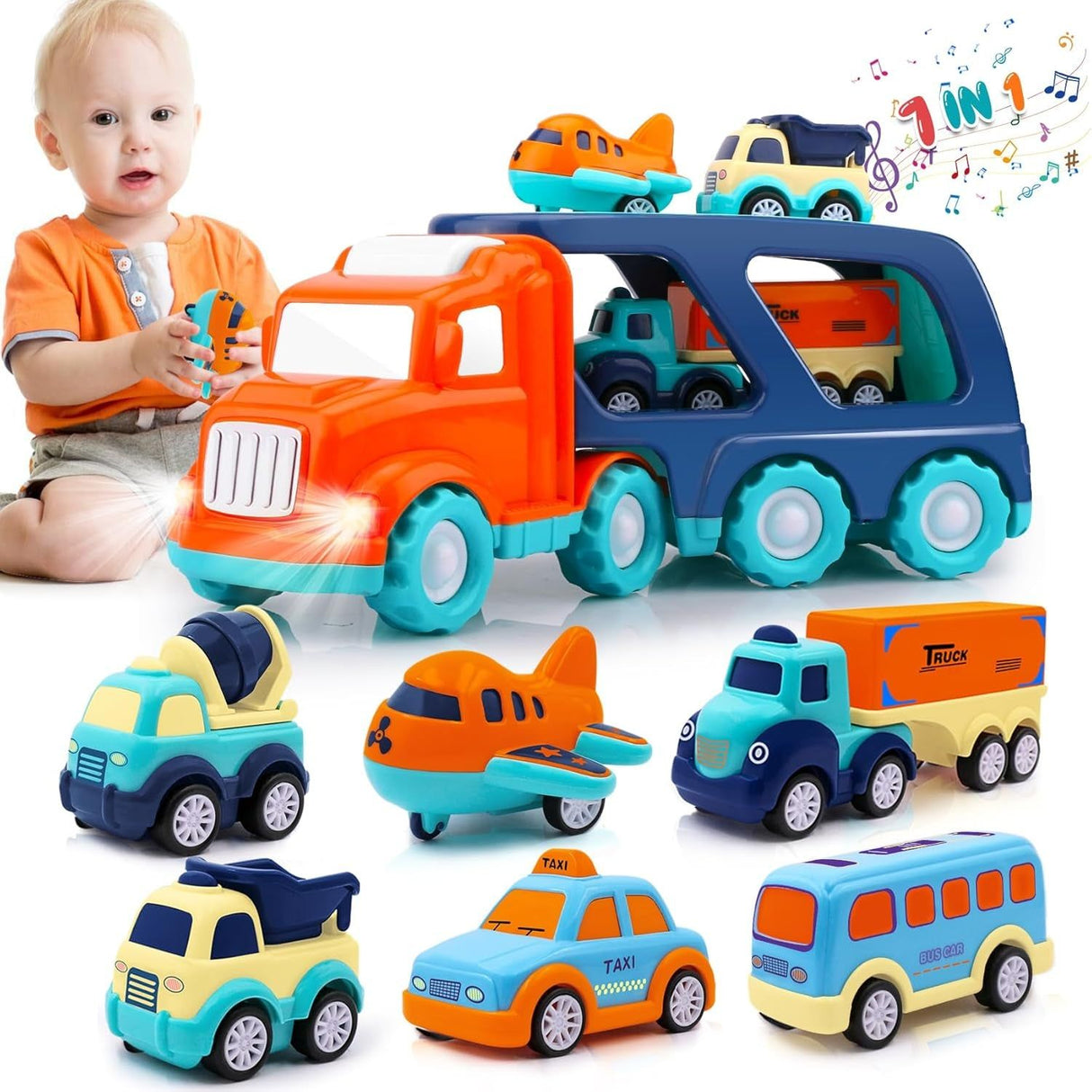 7 Piece Transport Vehicle Toy - Blue and Orange - Kid's Stuff Superstore