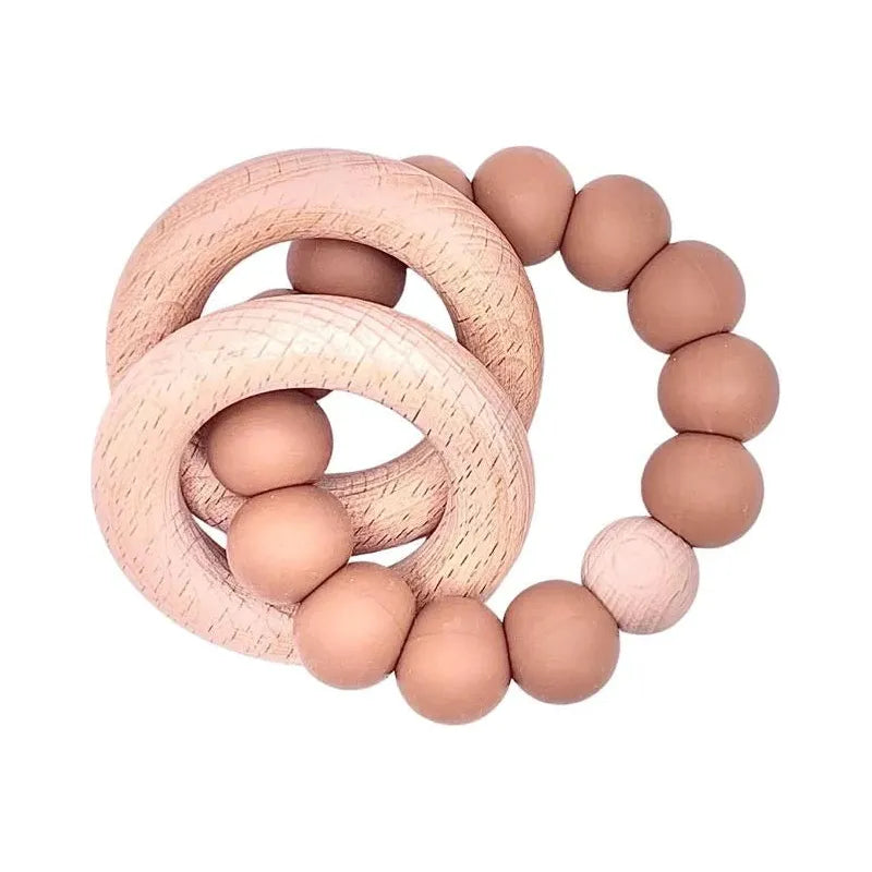 Silicone + Beechwood Teether - 2 Ring - Cocoa - Kid's Stuff Superstore
