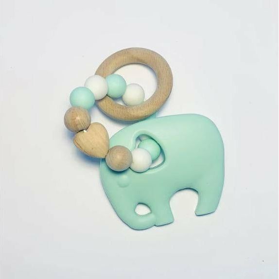Silicone + Beechwood Teether - Elephant - Mint - Kid's Stuff Superstore