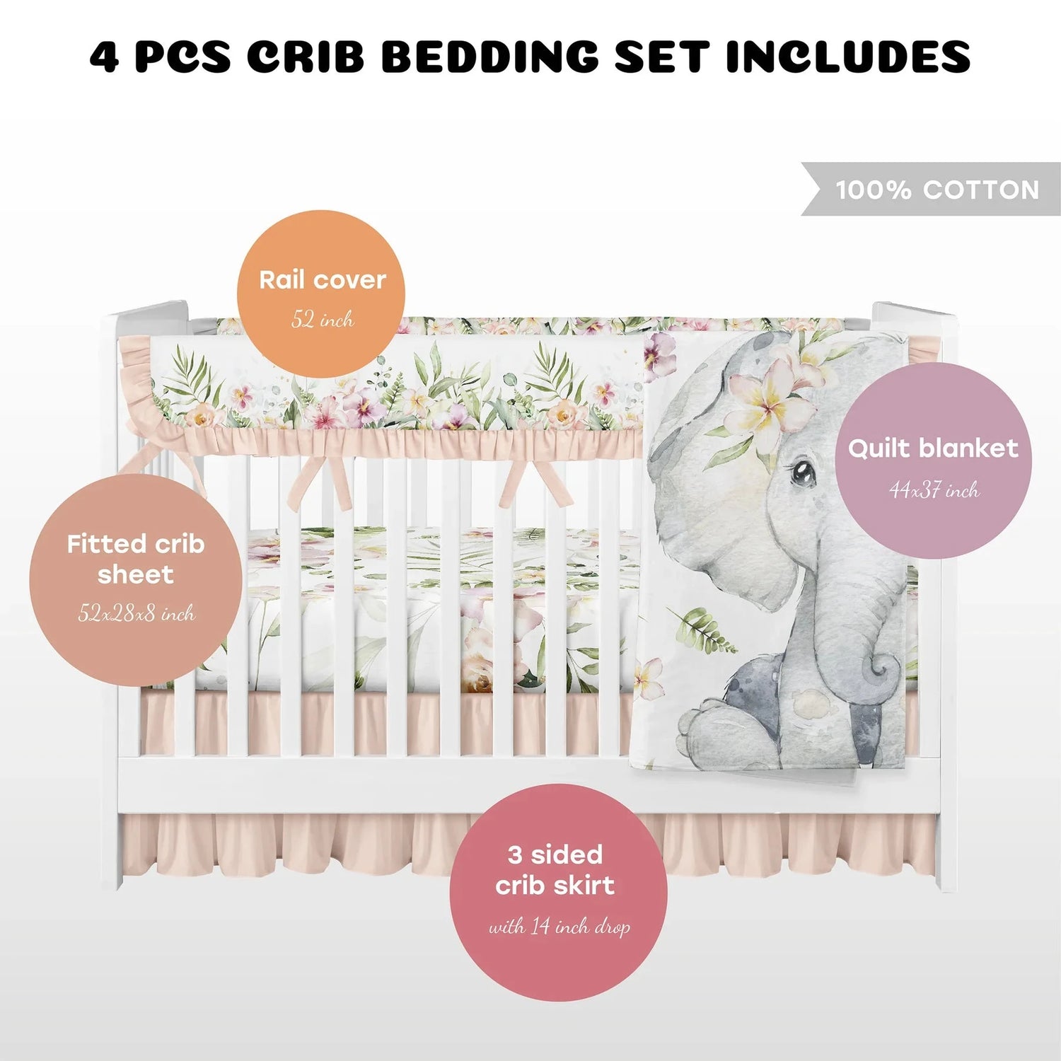Peach Elephants 4pc. Crib Bedding Set - Kid's Stuff Superstore