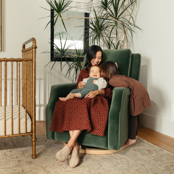 Namesake Crewe Electronic Swivel Glider Recliner - Forest Green Velvet w/Light Wood Base - Kid's Stuff Superstore