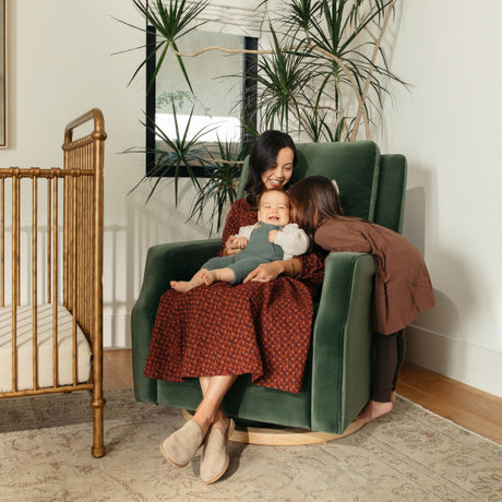 Namesake Crewe Electronic Swivel Glider Recliner - Forest Green Velvet w/Light Wood Base - Kid's Stuff Superstore