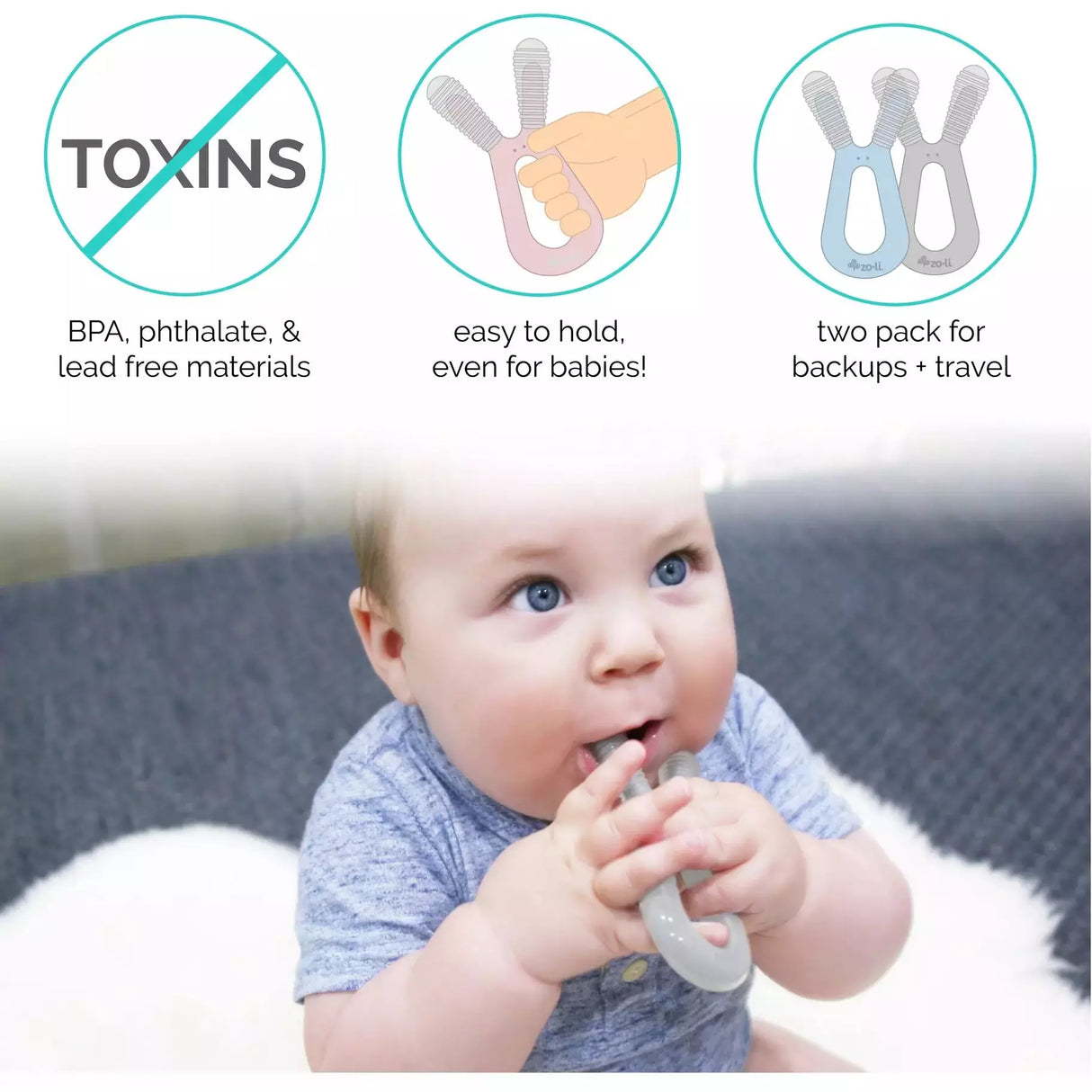 Zoli Bunny Teethers - Mist Blue & Ash Grey - Kid's Stuff Superstore