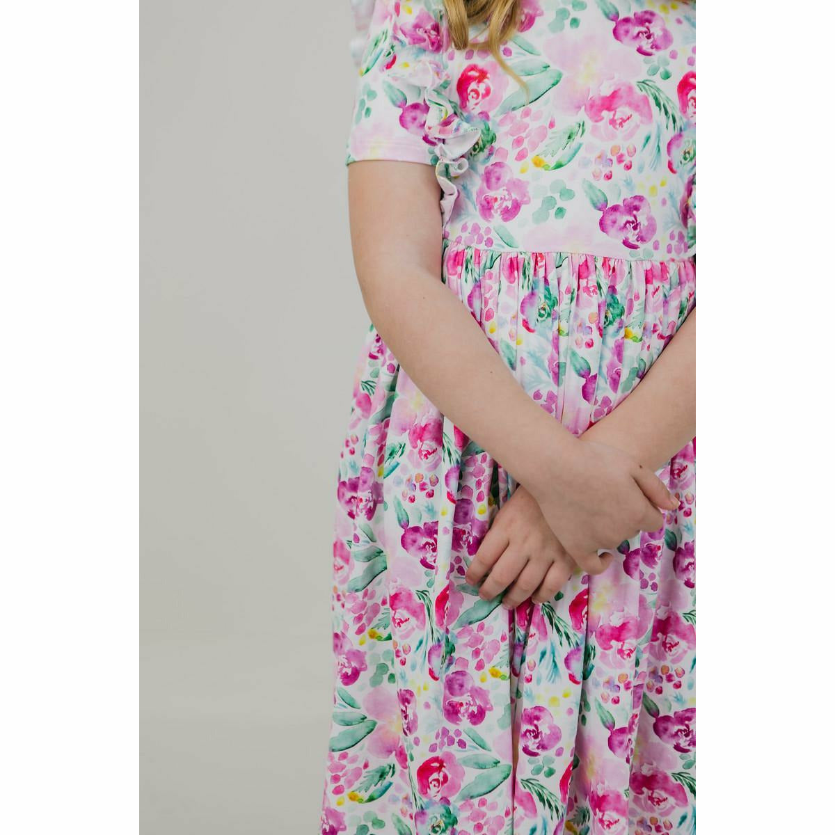 Mila & Rose Short Sleeve Ruffled Twirl Dress - Watercolor Blooms - Kid's Stuff Superstore