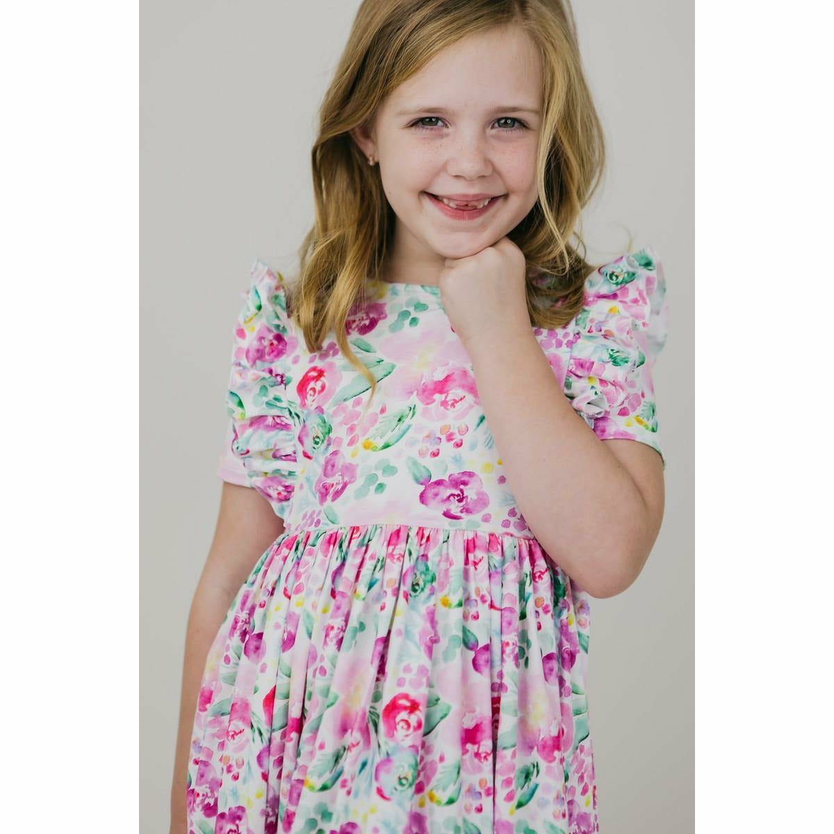 Mila & Rose Short Sleeve Ruffled Twirl Dress - Watercolor Blooms - Kid's Stuff Superstore