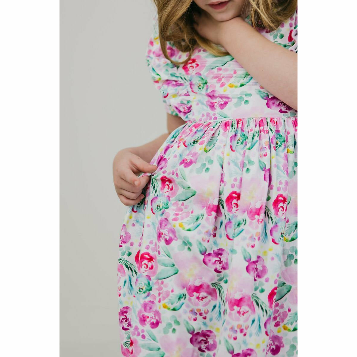 Mila & Rose Short Sleeve Ruffled Twirl Dress - Watercolor Blooms - Kid's Stuff Superstore