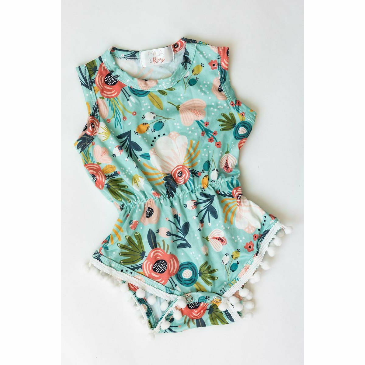 Mila & Rose Pom Pom Romper - Mint Peony - Kid's Stuff Superstore