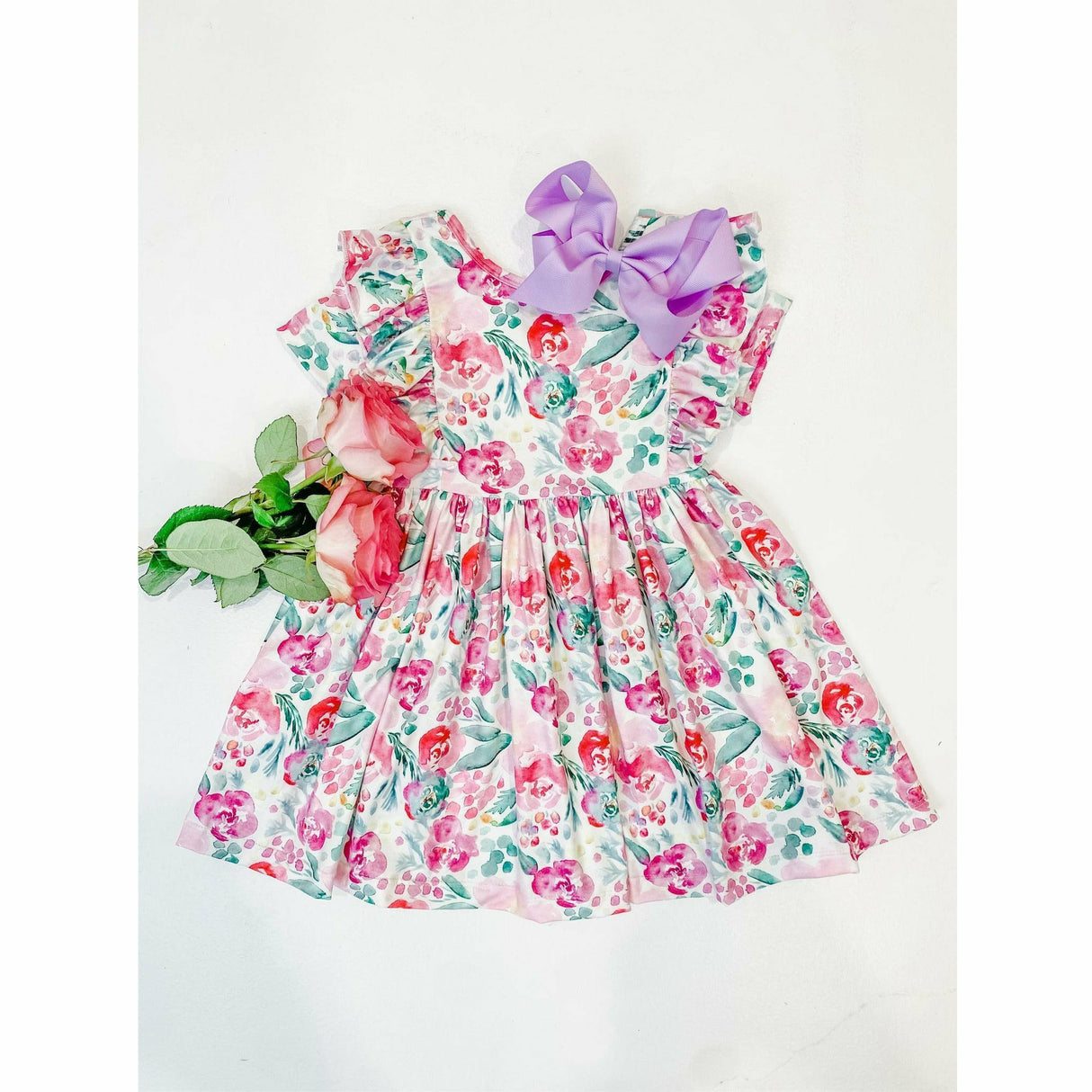 Mila & Rose Short Sleeve Ruffled Twirl Dress - Watercolor Blooms - Kid's Stuff Superstore