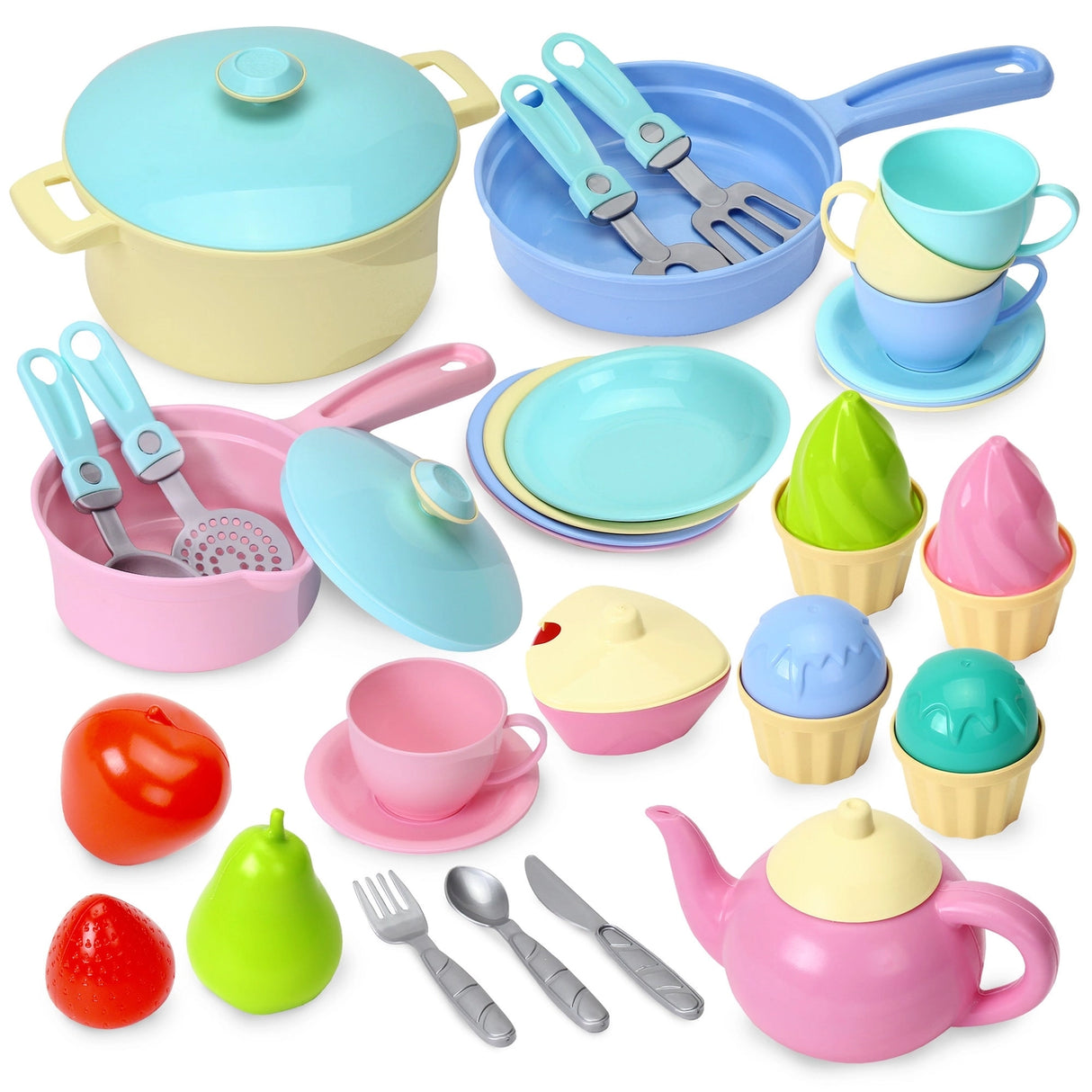 Technok Kids Play Kitchen Accessories - 49 Pcs Play Dishes