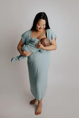Three Little Tots Delivery/Nursing Gown - Ribbed Blue Bird