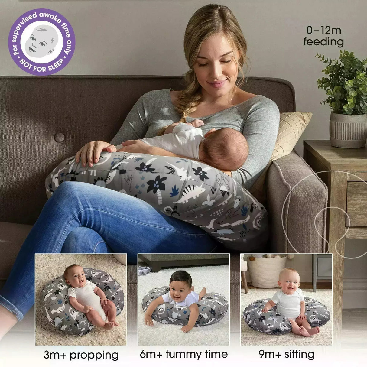 Boppy Original Feeding & Infant Support Pillow - Gray Dinosaurs - Kid's Stuff Superstore
