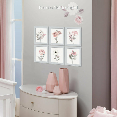 Lambs & Ivy Watercolor Floral Unframed Nursery Child Wall Art 6pc - Pink/Gray - Kid's Stuff Superstore