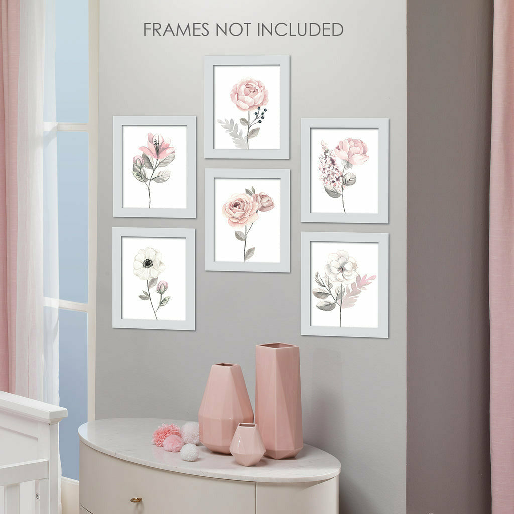 Lambs & Ivy Watercolor Floral Unframed Nursery Child Wall Art 6pc - Pink/Gray - Kid's Stuff Superstore