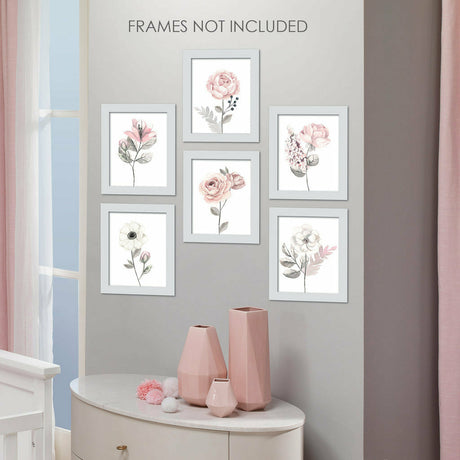 Lambs & Ivy Watercolor Floral Unframed Nursery Child Wall Art 6pc - Pink/Gray - Kid's Stuff Superstore