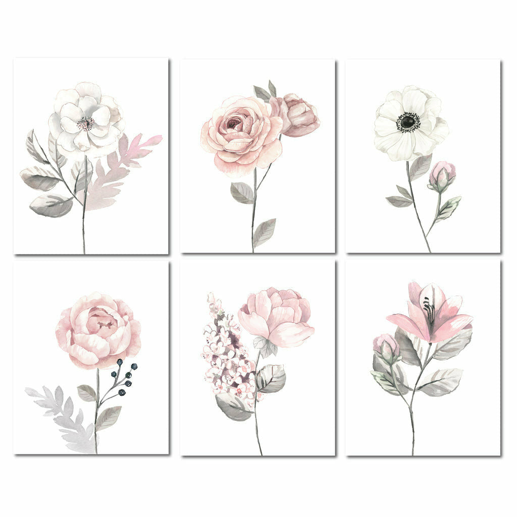 Lambs & Ivy Watercolor Floral Unframed Nursery Child Wall Art 6pc - Pink/Gray - Kid's Stuff Superstore