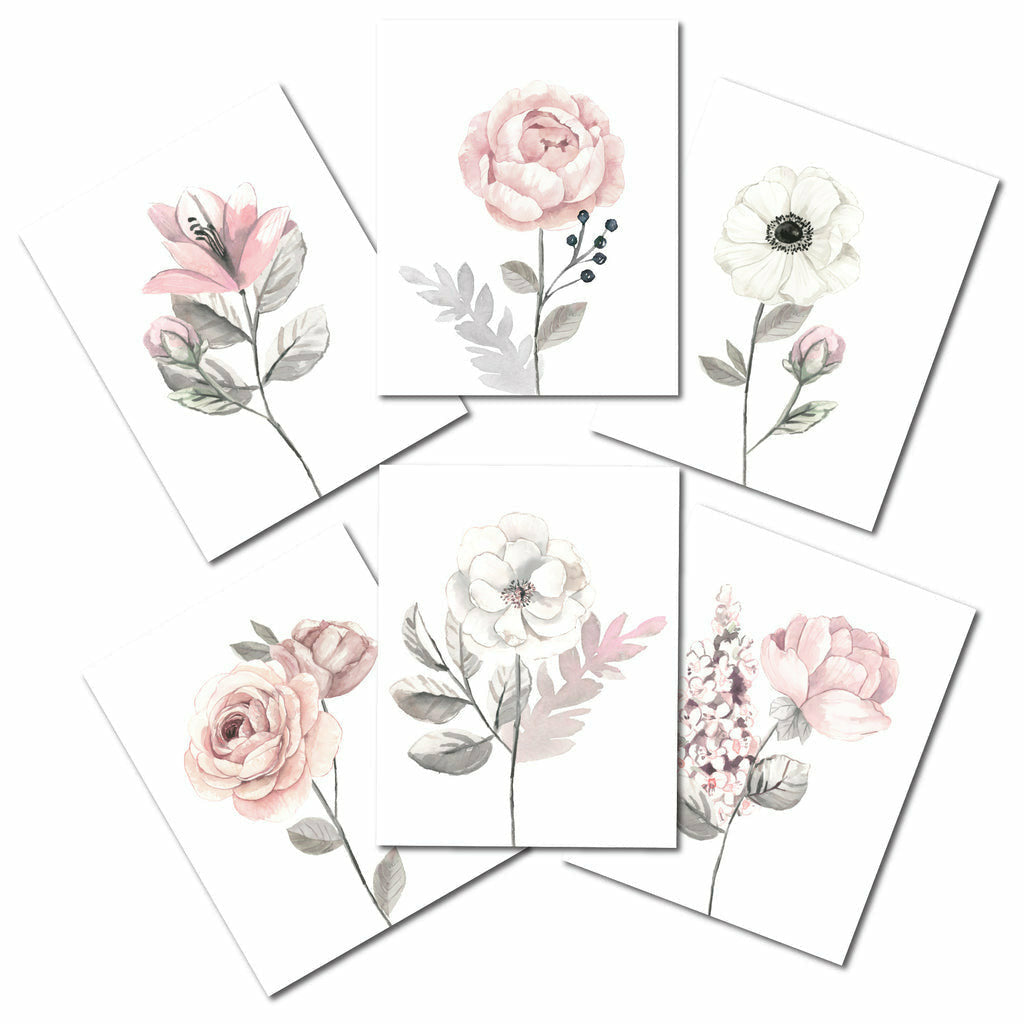 Lambs & Ivy Watercolor Floral Unframed Nursery Child Wall Art 6pc - Pink/Gray - Kid's Stuff Superstore